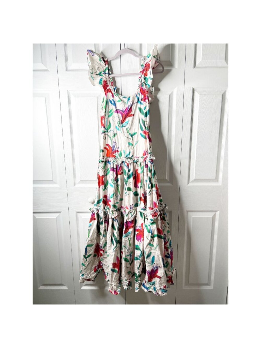 La DoubleJ Scarlett White Floral Print Ruffle Sleeve Maxi Dress Women's Medium M